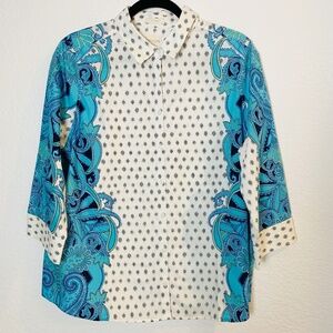 Chicos Shirt Womens 2 Large Blue Paisley Button Up Non Iron Career Blouse Office